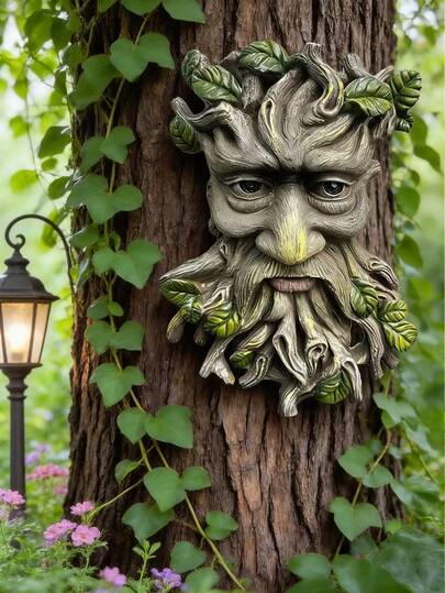 Decoración de pared Rostro de Hombre Verde Místico - Escultura de Espíritu Forestal de Resina con Barba Frondosa y Textura de Corteza, Ideal para Fijar a Troncos de Árboles, Paredes de Jardín y Cercas de Patio. Agrega Vibraciones Rústicas Encantadas, un Acento de Arte de Jardín Exterior Caprichoso.