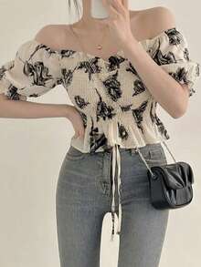 Blusa corta con cuello con volantes, estilo dulce y lindo para mujer, para verano - Albaricoque - Ver 5