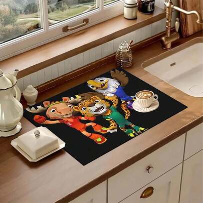 1pc World Cup Mascot Pattern Printed Kitchen Counter Bowl Dish Drying Mat, Super Absorbent Hides Stains, Rubber Backed Multi-Purpose Dining & Home Mat, Suitable For Coffee Machine Dish Rack Drying, Kitchen Counter Coffee Mug Coaster, Absorbent Rubber Backed Dish Drying Mat, Coffee Pot Pad