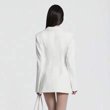 Women's Elegant Business Suit Dress, Deep V Neck Long Sleeve Ruffle Waist Cinched, Spring & Fall Office Wear, Plain Style - 白色 - 查看 2