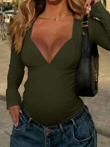 Body cómodo de maternidad, manga larga con cuello en V profundo, tela de alta elasticidad, ropa de embarazo versátil - Verde Oscuro - Ver 1