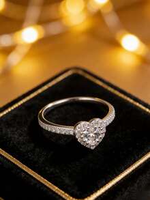 Inel din argint 925 cu diamant în formă de inimă, design brățară complet pavat, bijuterii din argint de nișă de înaltă calitate, inel de logodnă pentru iubită - alb - Vizualizare 2