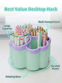 360 Degree Rotating 4-Tier Desktop Organizer Rack, PP Plastic Space-Saving Design For Office, School, Home, Includes Portable Cover To Hold Pens, Pencils, Makeup Brushes, Available In Green And Purple, Suitable For Small Spaces - Multicolor - View 6