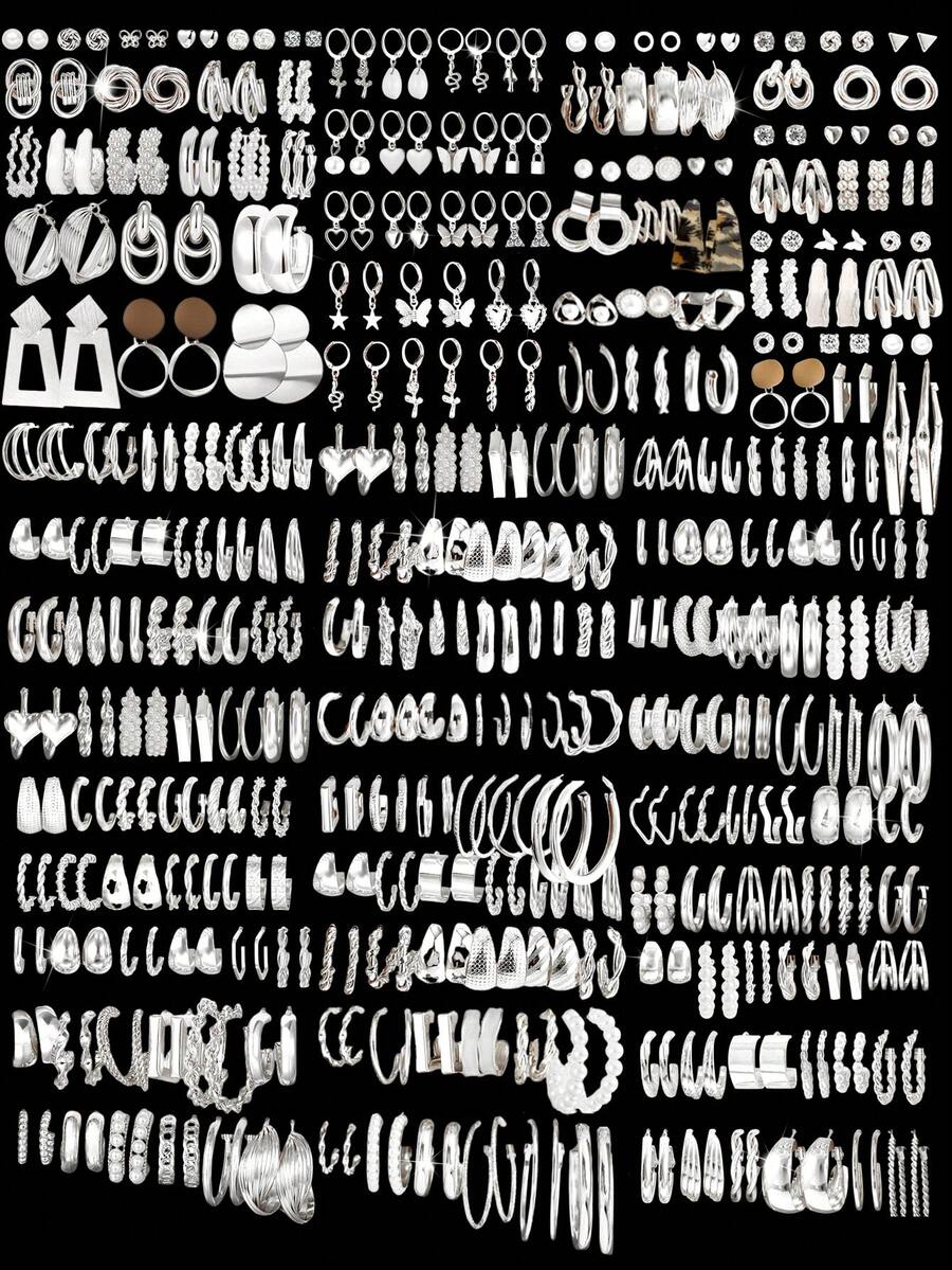 随机72/48/24/12件装时尚简约金属花朵爱心几何不规则仿珍珠耳钉/耳环套装，适合女性、情侣、度假、约会、日常、休闲、派对、婚礼、送给女友、母亲等场合。 - 銀色 - 查看 1