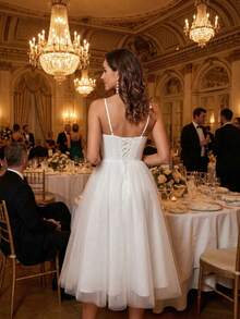 Elegante vestido de novia, vestido de novia blanco para mujer, vestido de novia de longitud té, vestido de noche de satén para mujer, vestido formal de tul para mujer, vestido formal de fiesta de boda para mujer - Blanco - Ver 7