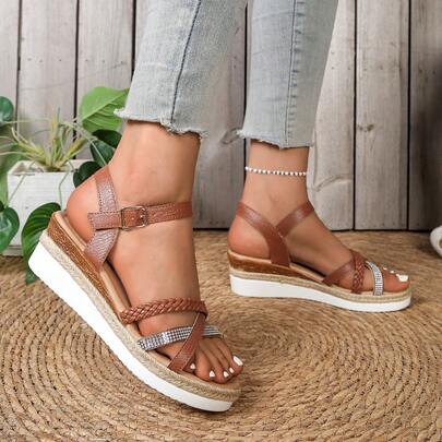 Aijiangluo Sandal nữ màu nâu thời trang mới, nhẹ, đa năng, đính đá lấp lánh, hở mũi, đế dày, kiểu dáng nghỉ hè, quai bện, thích hợp cho hẹn hò, mua sắm, đi làm, dự tiệc, đi biển.