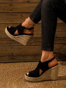 Velvet Fashion Button Closure Backstrap Lightweight Jute Rope Wedge Shoes For Women - Black - View 5