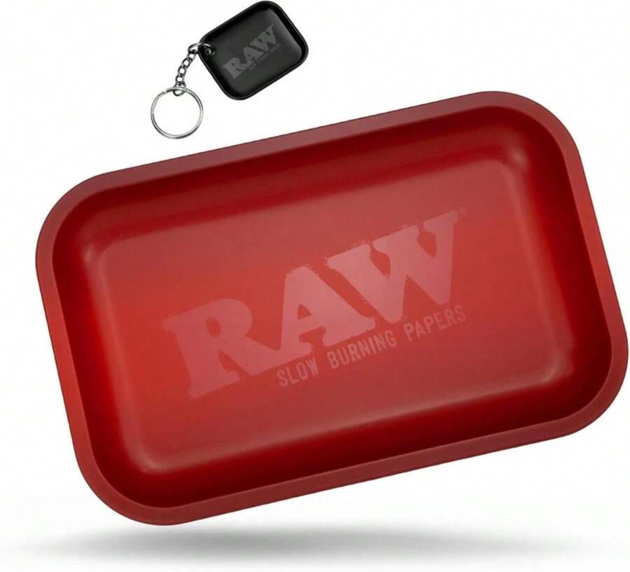 RAW Red Small Rolling Tray 11" X 7" - Limited Edition Red Finish - Elegant, Sleek And Smooth Rounded Edges With RAW Black Mini Tray Keychain By ES Distributions - trắng - Xem 1