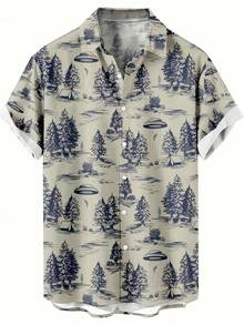 UFO Forest Camp Scene Showing Mysterious Spacecraft Hovering Above Tents And Trees Symbolizing Exploration And Imagination 3D Printed Casual Men's Summer Shirt - 白色 - 查看 4