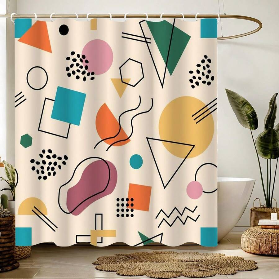 1pc Geometric Line Art Spring Style Shower Curtain, Modern Painting-Like Design, Unique Home Gift, Gift For Friends, Machine Washable, All-Season Use, Bathroom Decor - Multicolor - View 1