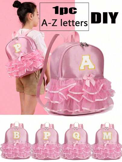 1个女童尼龙拉链A-Z 26字母时尚蕾丝舞蹈包，芭蕾舞包，练习双肩拉丁舞书包，适合日常使用（拉链随机）（DIY字母贴纸）