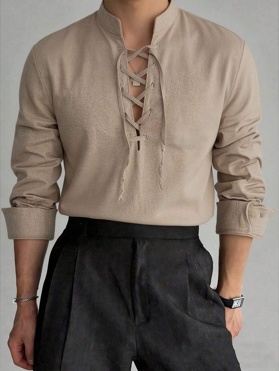 WAIT HIM 100% Cotton Men's Casual Solid Color Half-Placket Drawstring Long Sleeve Shirt