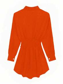 女士时尚印花褶裥长袖修身轻薄衬衫裙，通勤风春季款 - 亮橙色 - 查看 10