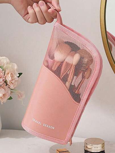 1 pieza, Caja de almacenamiento de brochas de maquillaje con cremallera en color rosa/negro, Bolsa de almacenamiento de brochas de maquillaje transparente para viajes, Bolsa portátil para brochas de maquillaje, Bolsa de maquillaje profesional, Bolsa de almacenamiento para artistas, Taza de maquillaje plegable y de pie para uso doméstico, Adecuado para regalo, vacaciones y viajes