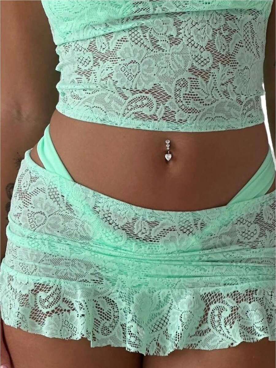 Women's Lace Low Waist Solid Color Ruffle Mini Skirt  Soft Sheer For Bikini Coverup Beach Party - Green - View 1