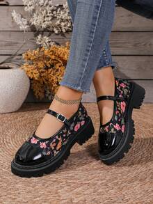 Nouvelle boucle à fleurs style chinois en 1 pièce seul morceau, chaussures épaisses brodées de style national - Noir - Voir 4