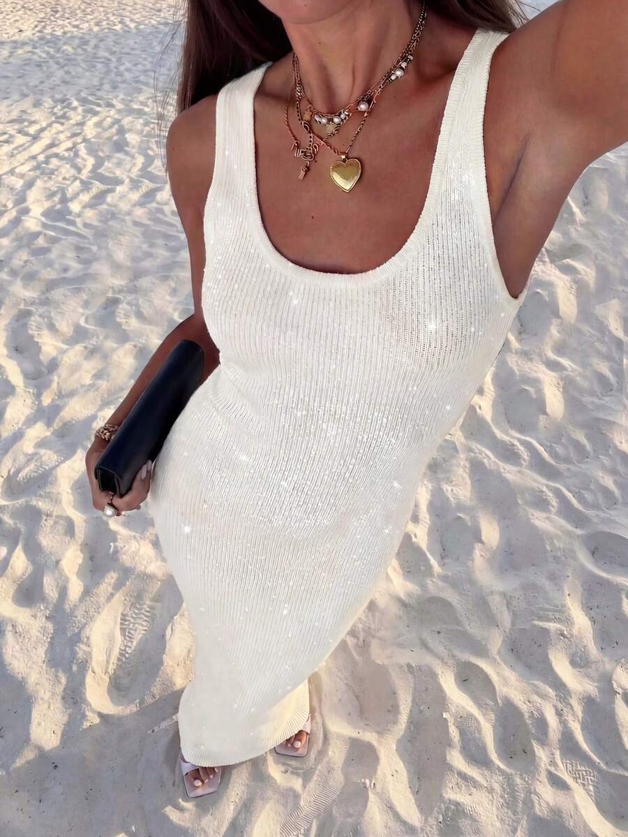 女士夏季亮片无袖紧身连衣裙，优雅派对礼服，假日礼服，沙滩礼服，度假装