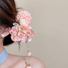 女士优雅甜美清新度假风珍珠流苏粉色花朵发夹，适合日常佩戴，居家、学校、海滩、办公室、派对、节日、生日、返校、新年、情人节、母亲节、圣诞节、婚礼、音乐节、毕业典礼、春夏等场合。 - 粉色 - 查看 3