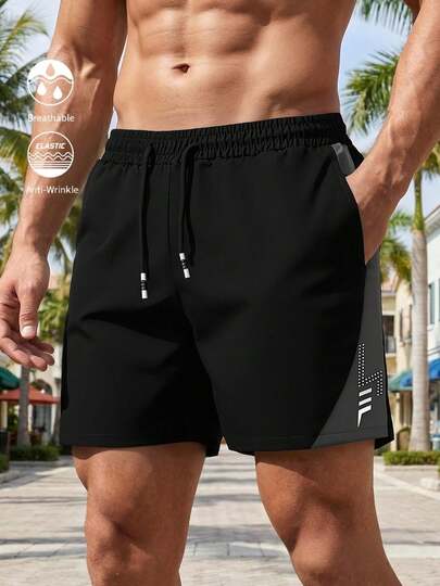 American Streetwear Quick-Dry Shorts, Colorblock Patchwork Design, Casual Sports Bermuda Shorts For Men, Summer