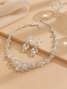 3pcs/Set White Flower Rhinestone Earrings & Necklace Set, Luxurious Wedding Jewelry Gift For Women - White - View 3