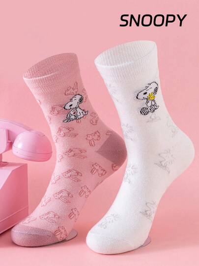 SNOOPY 2双正品史努比图案女士船袜，可爱卡通设计，透气吸湿，休闲舒适，适合学生/成人作为礼物或日常穿着。
