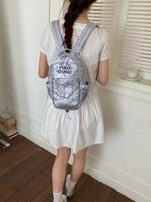 Mochila versátil y refinada para estudiantes con cordón y lunares, con vibra Y2K linda - Plateado - Ver 5