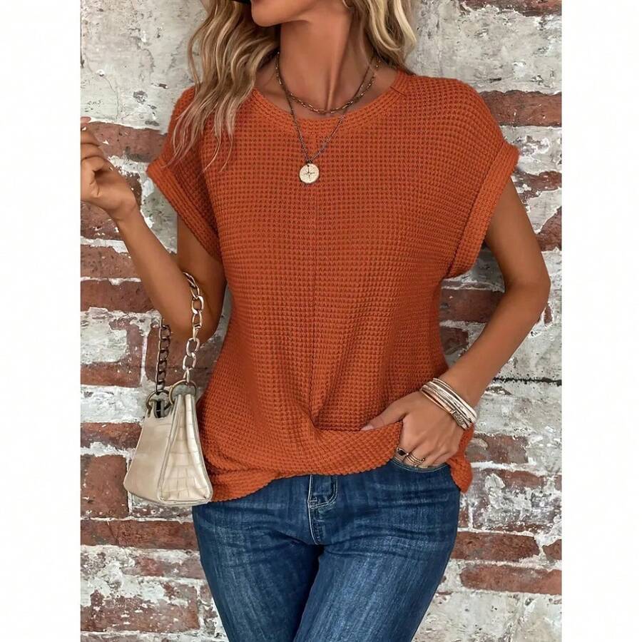 Women's Beige Waffle Knit Round Neck Dolman Short Sleeve Twist Front Hem Casual Top Minimalist Streetwear - 珊瑚色 - 查看 1