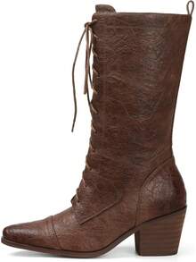 Women's Brown Retro Mid Calf Boots Lace Up Side Zipper Block Chunky Heels Boots Vintage Fashion Casual Comfortable Party Dress Christmas Halloween Outfit Autumn Winter Fall Boots - màu nâu - Xem 10