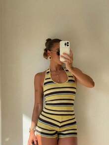 Spring/Summer Y2K Color Block Striped Knit 2-Piece Set, Halter Neck Cropped Top & High-Waisted Hip-Hugging Shorts, Slim Fit, Suitable For Dating And Daily Wear - Multicolor - View 5