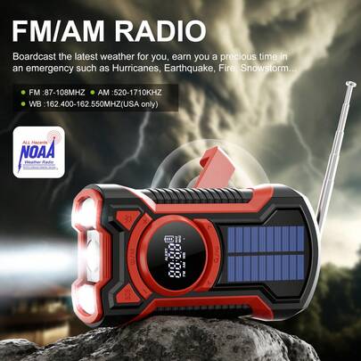 Emergency Hand Crank Solar Radio 5000mAh | IP65 Waterproof Rugged AM/FM/NOAA Weather Alert With Flashlight, Phone Charger, SOS Siren & Headphone Jack.Red