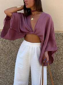 Áo croptop dài tay bằng vải dệt dành cho nữ, thích hợp mặc mùa hè. - Bụi hồng - Xem 3