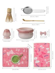 7pcs Pink Bow Matcha Tea Set, Including Glazed Matcha Bowl, Japanese Matcha Whisk (Chasen) And Tea Scoop, Traditional Tea Ceremony Tea Set - Matcha Bowl Set - View 9