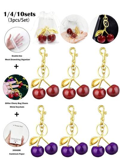 1/4pcs Vintage Glitter Cherry Keychain, Elegant Metal Charm Pendant, Versatile For Handbag, Tote, Y2K Sweet Style Party Gift Keyring