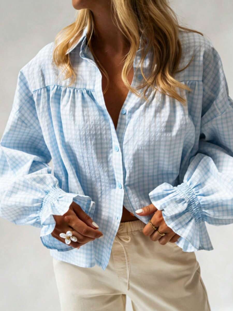 Women's Fashionable Plaid Regular Blouse With Collar And Button Front, Long Sleeve With Ruffle Hem Spring - Baby Blue - View 1