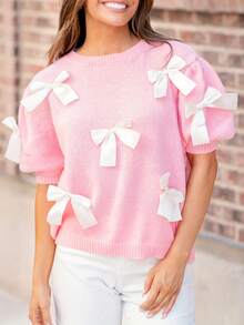 Áo len nữ tay phồng dễ thương đính nơ, cổ tròn, tay ngắn, phối nơ tương phản, kiểu dáng thường ngày năng động, thích hợp mặc hàng ngày. - Hồng - Xem 2