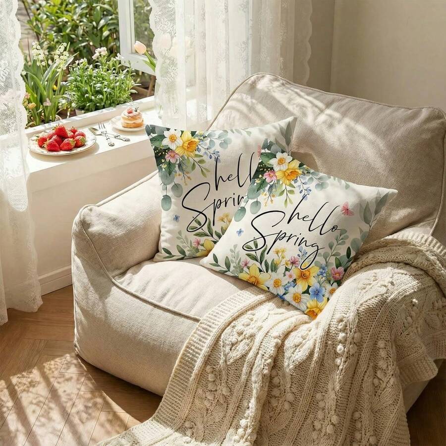Dokriy 2pcs Set, Made Of Linen, Easter-Themed Pillow Covers Featuring Vintage Polka Dots And Heart-Shaped Bunnies, Perfect For Spring Decor. Ideal For Outdoor Farmhouse Settings - 2pcs - View 1