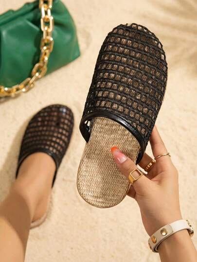 planare New Women's Fashion Summer Hollow Woven Flat Slippers In Black, Beige, Silver, Suitable For Daily Commute, Vacation Travel Outfit
