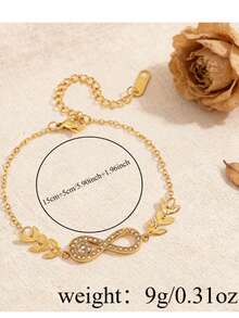 18K镀金水晶无限符号和月桂叶手链，波西米亚风金色夏季海滩度假不锈钢精致可调节链条手链，女士款 - 金色 - 查看 2