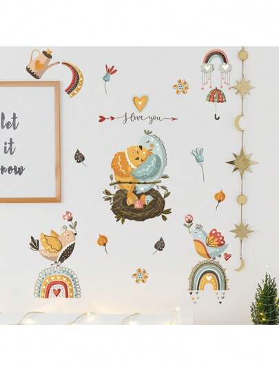 Cartoon Bird, Cloud, Rainbow Wall Sticker, Dreamlike Sky Garden Theme, PVC Material Decorative Mural, Self-Adhesive For Children's Room, Home Decor, Applicable For Children's Playground, Background, Family Restaurant, Photo Wall, Mother-Child Brand Wall, Kindergarten Decor, Theme Pop-Up Store, Quick Change Dreamlike Scenery Decor