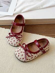 1 Pair Girls' Ditsy Floral Minimalist Bow Imitation Shoes, Fashionable & Elegant Spring/Autumn Campus Style Shoes - Red - View 4