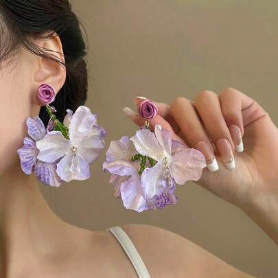 1 Pair Ombre Purple Petal Design Earrings, Vacation Style