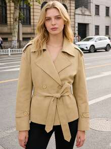Áo khoác dáng ngắn kiểu Pháp mùa xuân dành cho nữ, kiểu dáng hai hàng cúc, thắt lưng, cổ ve lật, tay dài, thanh lịch, thích hợp cho nữ. - Màu Khaki - Xem 1