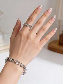 1 Set de joyería de metal con cadena en forma de U estilo retro de lujo, pulsera abierta y anillo con exquisitos rhinestones, adecuado para uso diario y como regalo para mujeres - Plateado - Ver 3