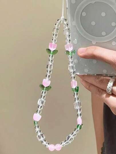 1个郁金香手机挂饰 - 手工串珠手机链，可挂在手机上，相机安全链防止丢失，旅行安全手机链可挂在包包上，可作钥匙链吊坠，适用于苹果iPods Pro蓝牙耳机盒，节日礼物，母亲节礼物