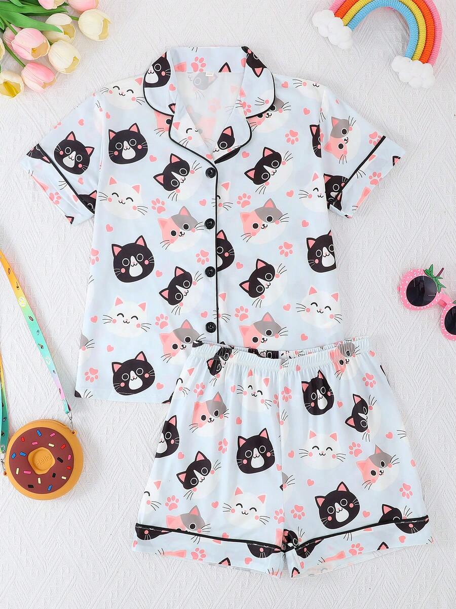 Bộ đồ ngủ 2 món cho bé gái, in hình mèo hoạt hình, áo cardigan cổ polo tay ngắn và quần short, chống cháy, phù hợp mọi mùa. - Nhiều màu - Xem 1