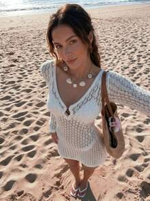 FOR BEAUTY 春夏新款针织连衣裙，休闲海滩度假装，纯色镂空优雅罩衫 - 米色 - 查看 3