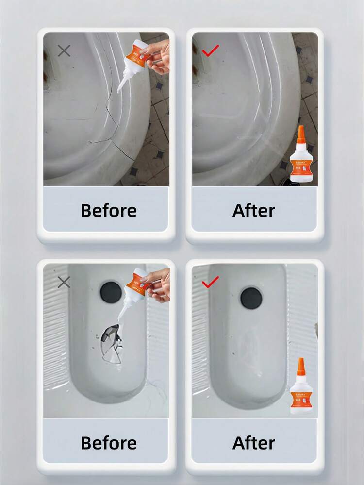 马桶修补胶 | 超强粘合力，透明 | 适用于马桶座圈裂缝、马桶盖破损、水箱盖损坏、马桶侧壁裂缝、马桶底座修复、浴缸维修和浴室洗手盆维修 | 通用型，适用于陶瓷、塑料和亚克力材质 | 防水不掉胶 | 家用浴室修补胶 - 35克 - 查看 6