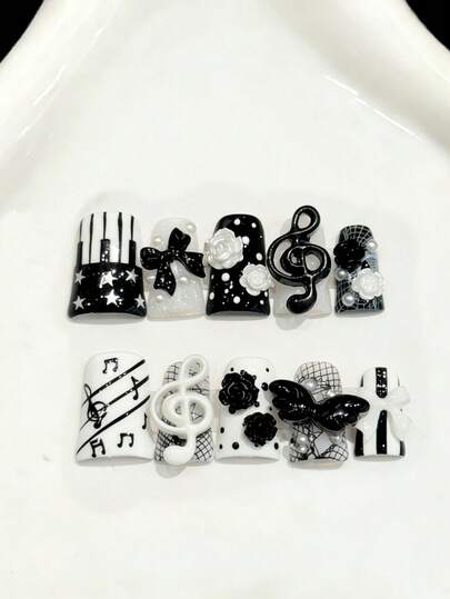 10PCS Middle Duck/Flare Handmade Press On Nails For Party And Daily Wear,Black And White Colors Nails, Beautiful ,Black Bow , Cool Black & White Musical Note Piano Nails,Shiny And Dazzling Nails,Shiny And Dazzling,Easy To Wear10pcs Y2K Handmade Press On Nails,Shiny And Dazzling Style,Suitable For Girls And Women Festivals Parties And Daily Wear