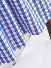 Girls' Summer Blue And White Checkered Sundress With A Large Wavy White Embroidered Collar, Red Satin Bow On The Front, Loose And Flowy Casual Fit - Blue - View 5