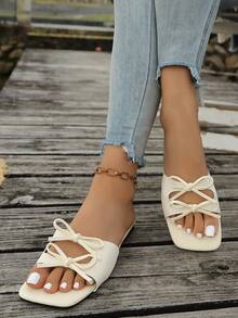 Nuevas sandalias planas de verano para mujer con estilo suave, puntera cuadrada, doble lazo, sandalias abiertas con tira, cómodas para uso diario, ir al trabajo, citas, vacaciones - Beis - Ver 3